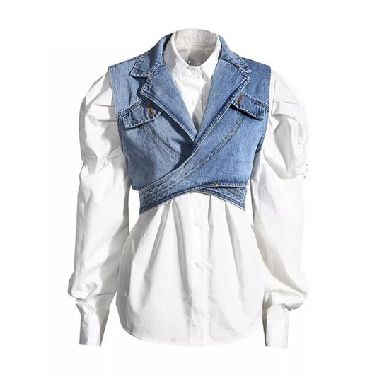 Puff Sleeve Shirt Sleeveless Denim Cross Crop Top-Multi