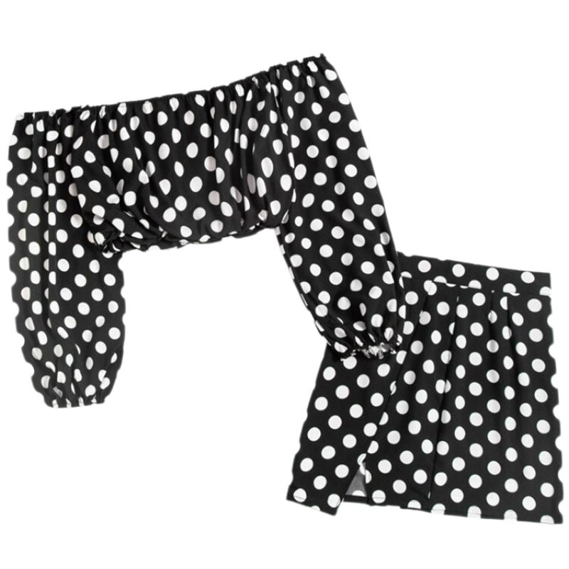 Long Sleeve Polka Dot Crop Top Mini Skirt Set-Black/White