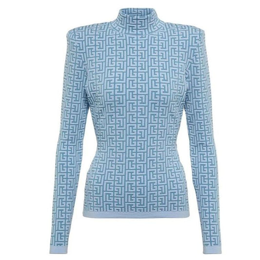 Long Sleeve Jacquard Knitted Turtleneck Pullover Sweater-Sky Blue