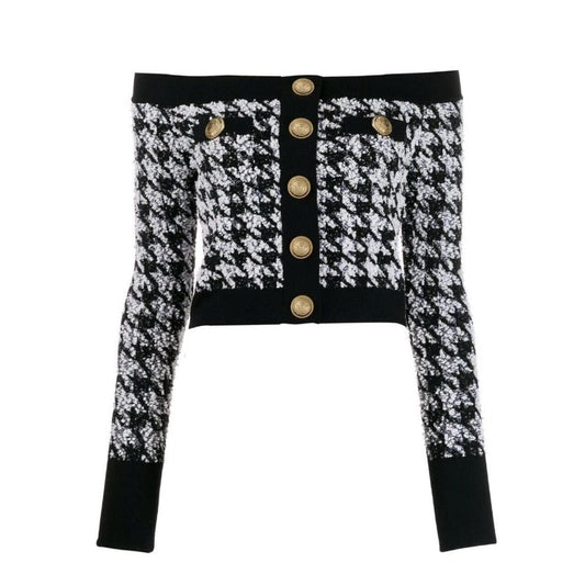 Houndstooth Gold Button Cardigan Jacket