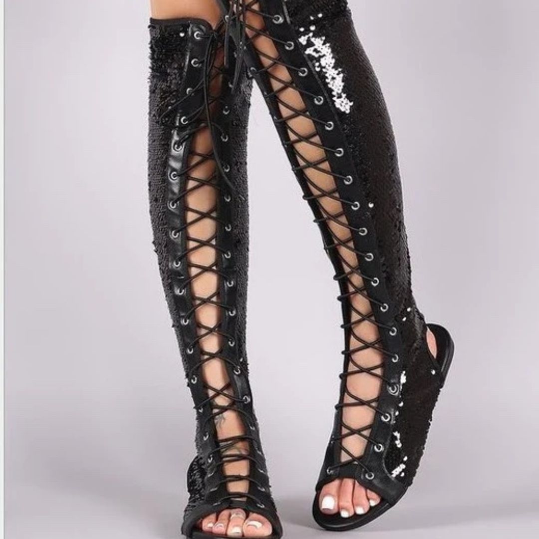 Lace Up Open Toe Flat Roman Gladiator Sequin Sandals-Multiple Options