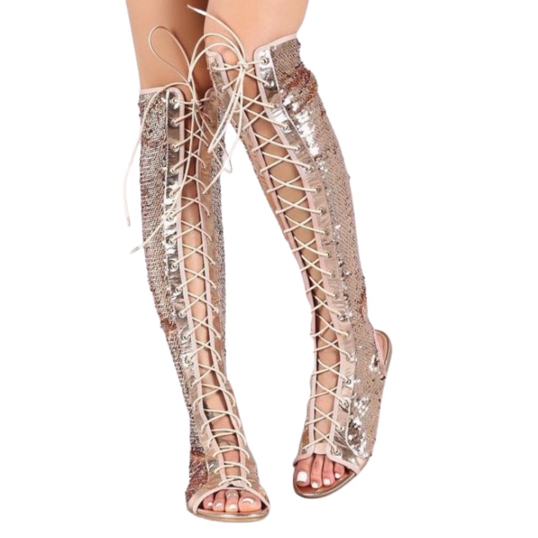 Lace Up Open Toe Flat Roman Gladiator Sequin Sandals-Multiple Options
