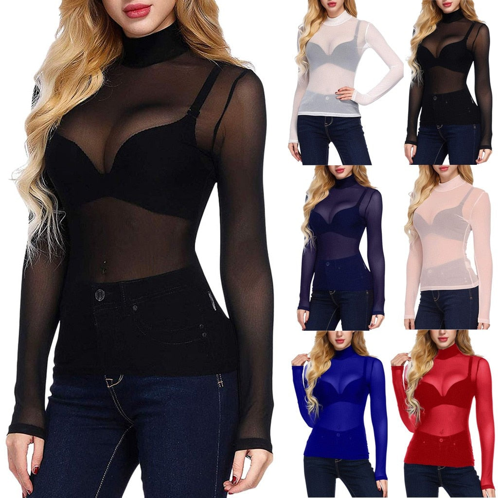 Long Sleeve Sheer Mesh Black Turtleneck-Multiple Options