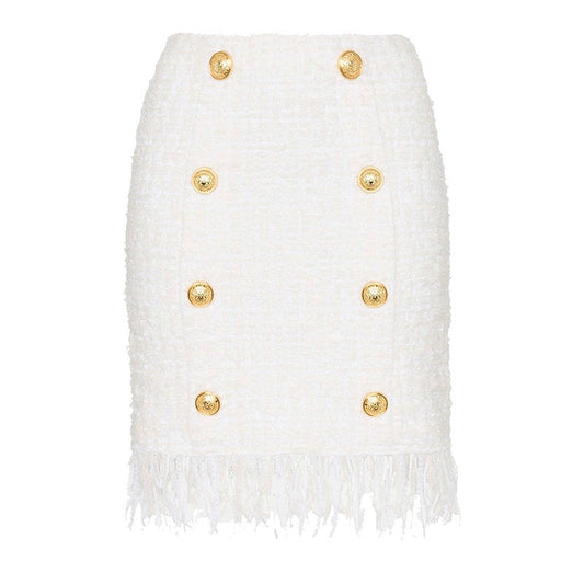 White Tweed Tassel Pencil Skirt