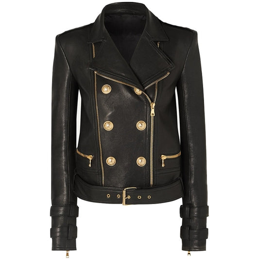 Cropped Faux Leather Double Zipper Biker Jacket-Black
