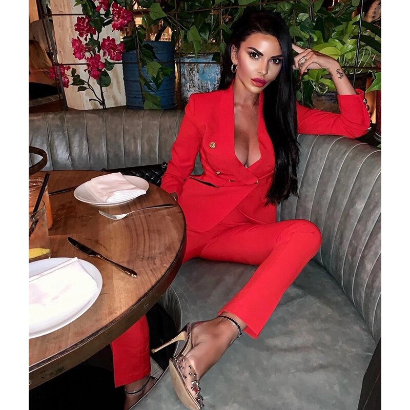 Double Breasted Button Blazer Pants Suit-Red