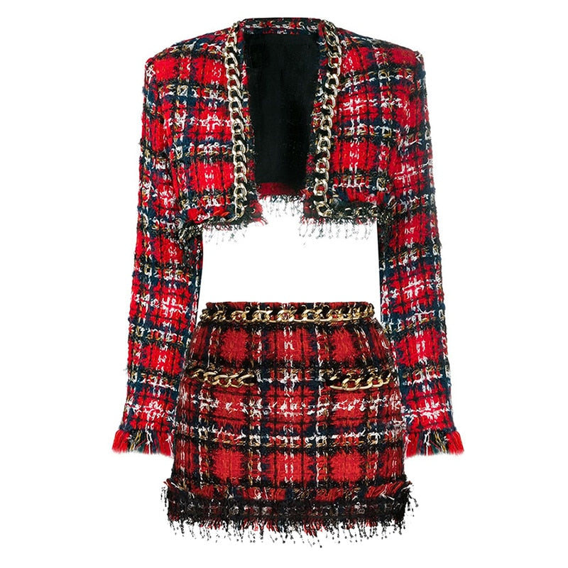 Red Plaid Tweed Chain Tassel Sequin Crop Jacket Skirt Set