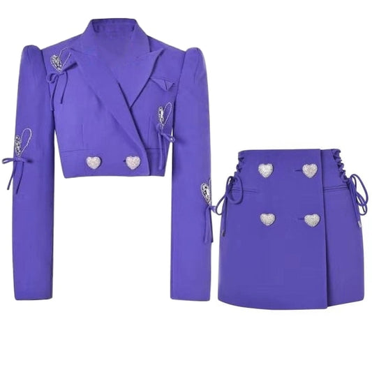 Cropped Blazer Jacket Skirt Suit-Purple