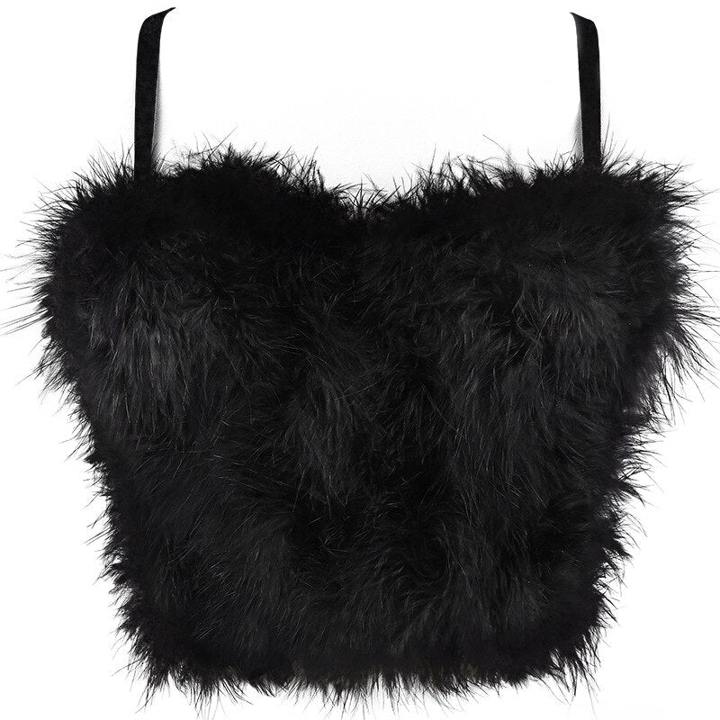 Furry Feather Crop Top-Pink/Black/White