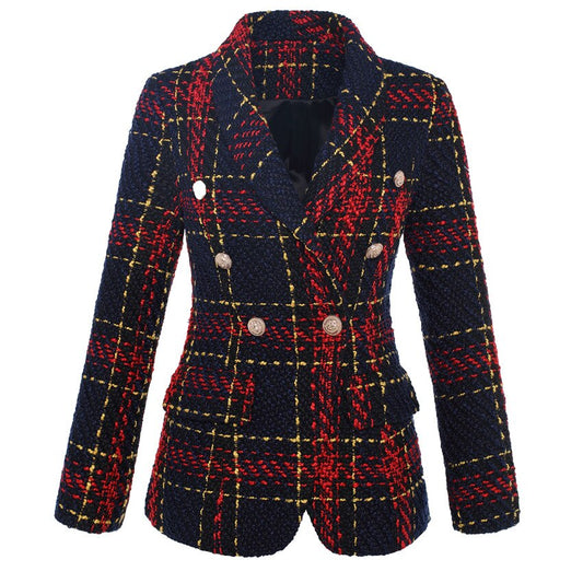 Double Breasted Tweed Blazer-Plaid