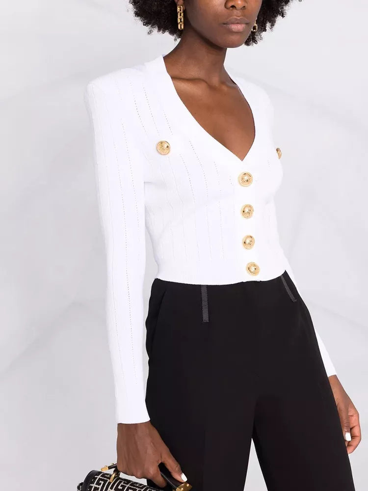 Long Sleeve V-Neck Knitted Crop Top Cardigan-Brown/Black/White