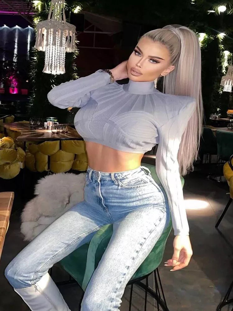 Long Sleeve Breathable Bandage Crop Top-Black/Grey