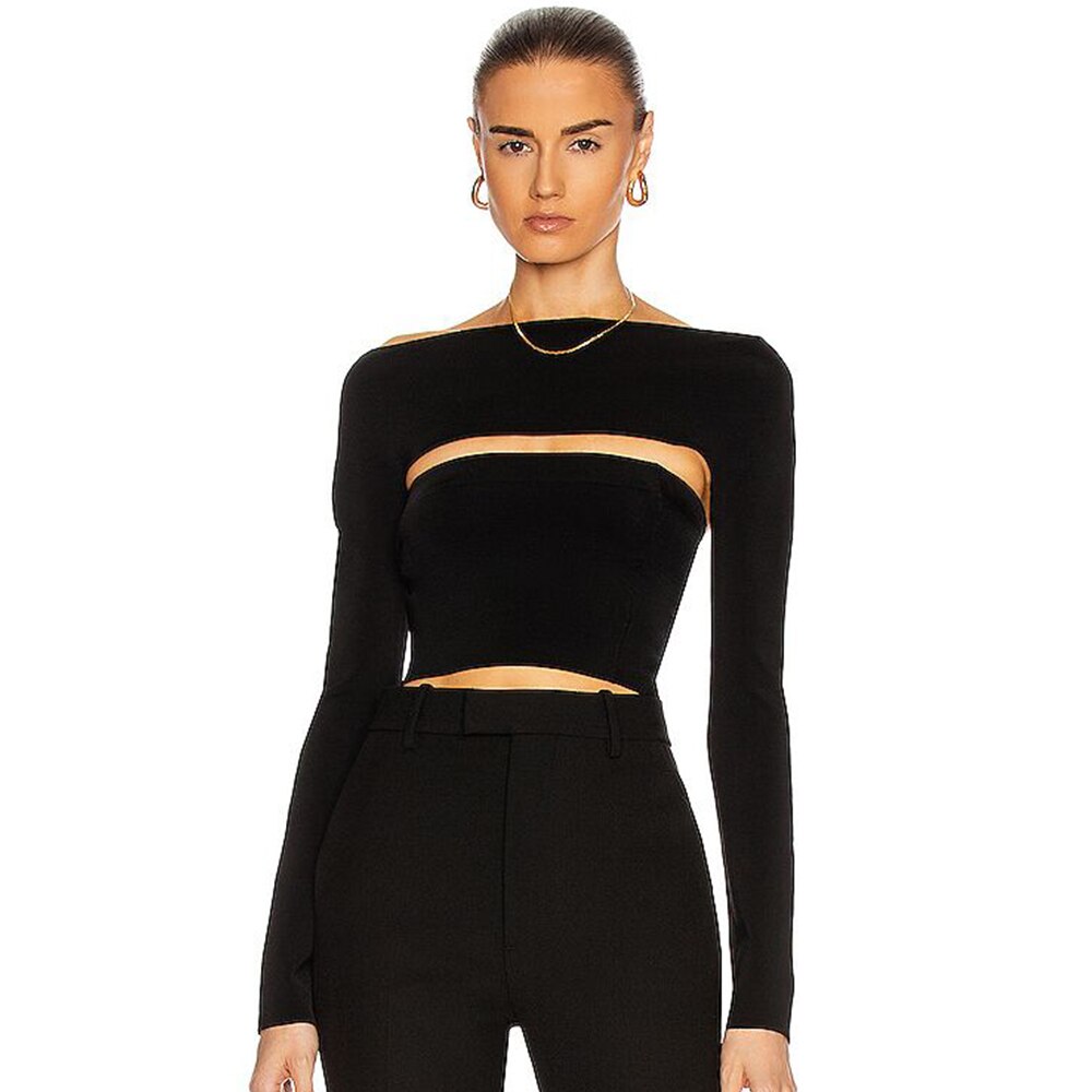 Long Sleeve Hollow Out Bandage Crop Top-Black/White