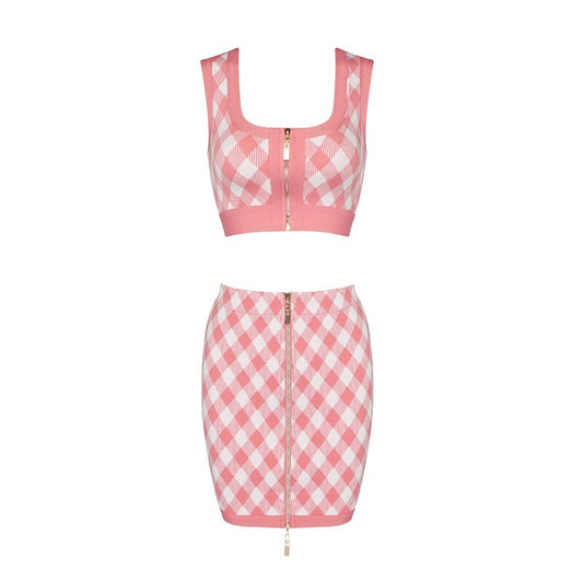 Pink Plaid Crop Top Skirt Set