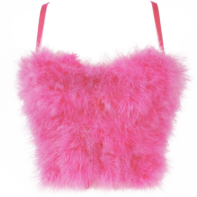 Furry Feather Crop Top-Pink/Black/White