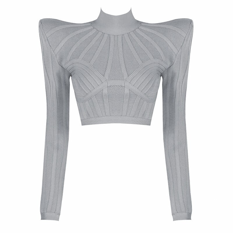 Long Sleeve Breathable Bandage Crop Top-Black/Grey