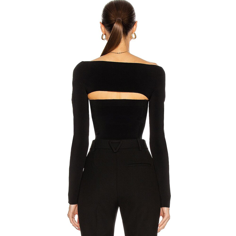 Long Sleeve Hollow Out Bandage Crop Top-Black/White