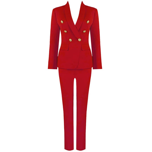 Double Breasted Button Blazer Pants Suit-Red