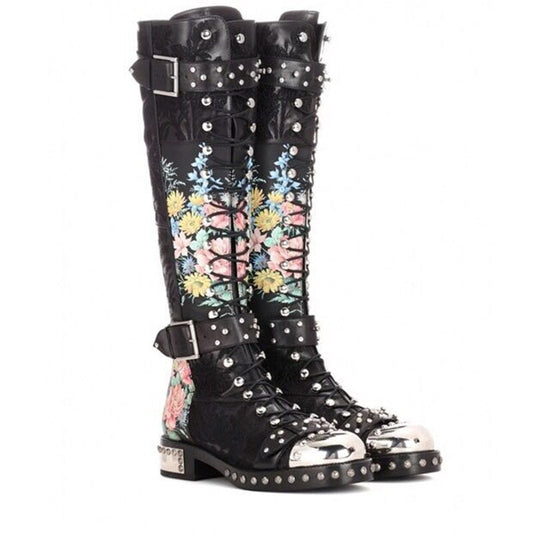 Leather Low Heel Round Toe Buckle Rivet Knee High Boots-Multiple Options