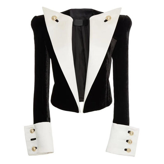 Large Lapel Velvet Blazer Jacket-Black/White