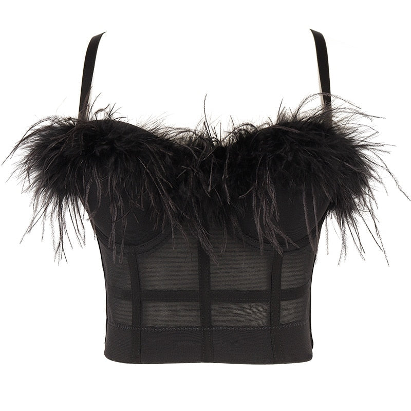 Ostrich Feather Mesh Corset Crop Top-Black/White