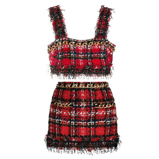 Red Plaid Tweed Chain Tassel Sequin Crop Top Skirt Set