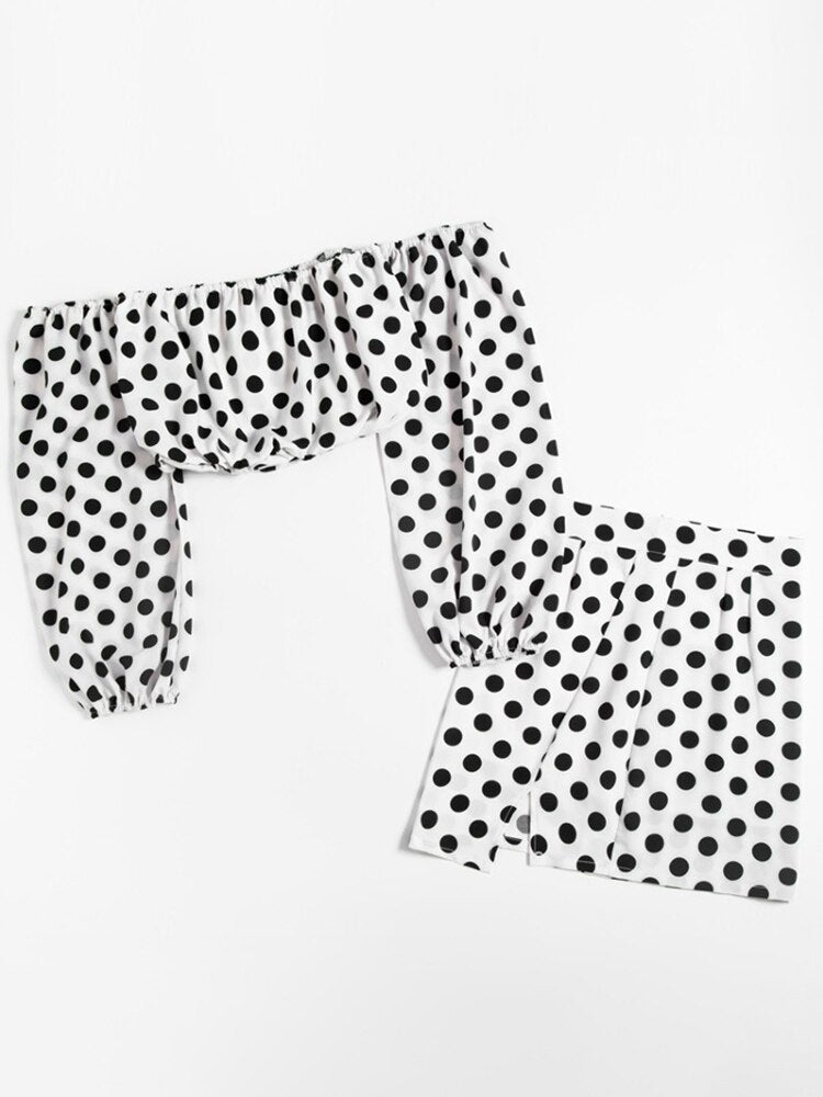 Long Sleeve Polka Dot Crop Top Mini Skirt Set-Black/White