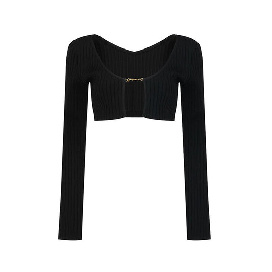 Long Sleeve Knitted Crop Top-Black/Orange