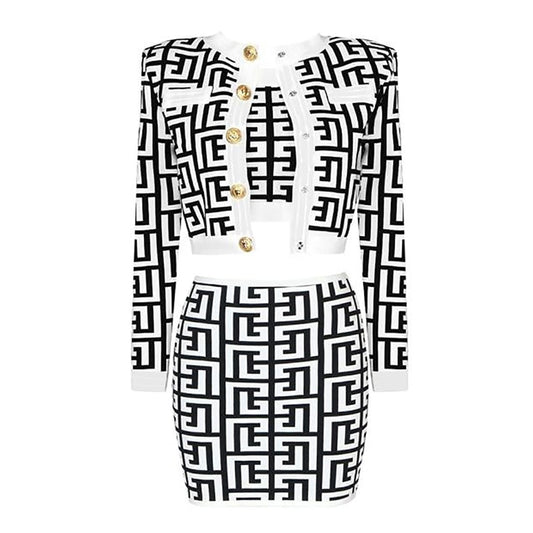 Labyrinth Pattern Knitted Cropped Jacket Top Skirt Set