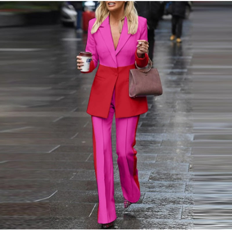 Color Block Blazer Jacket Pants Suit-Pink/Red