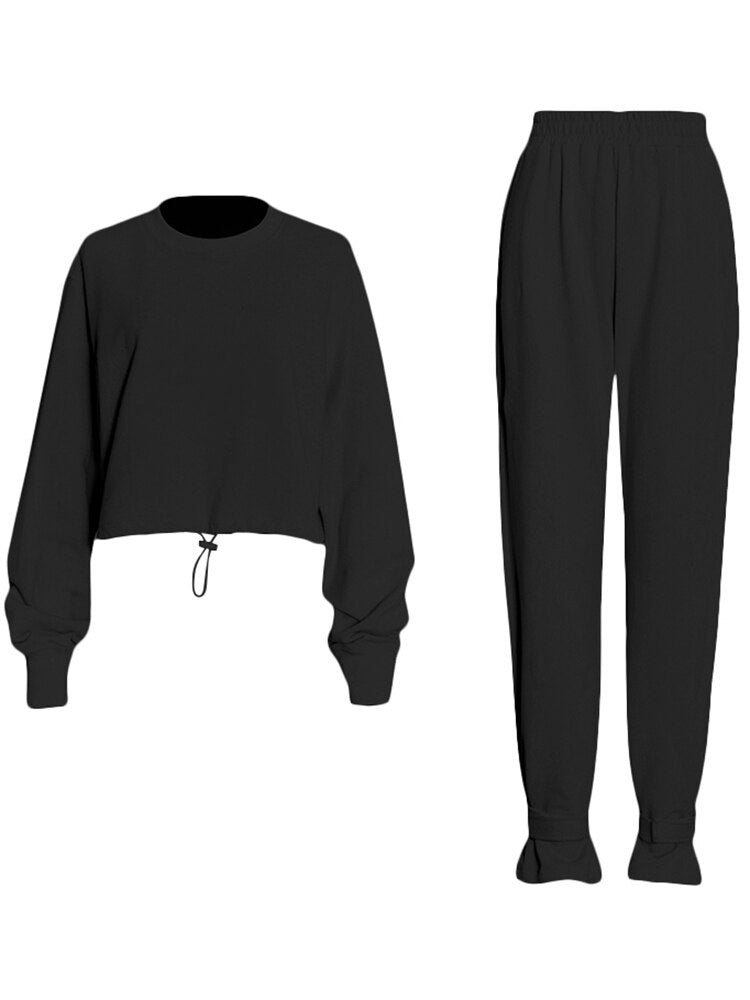 Long Sleeve Sweatshirt Drawstring Sweatpants-Black/Apricot