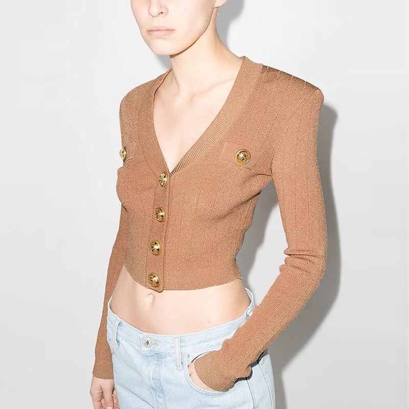 Long Sleeve V-Neck Knitted Crop Top Cardigan-Brown/Black/White