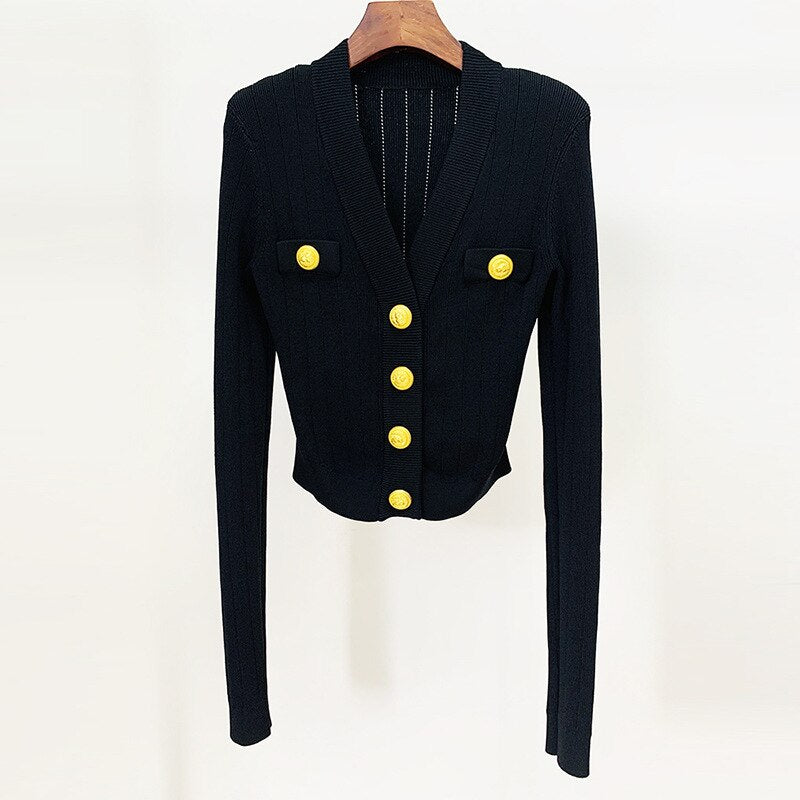 Long Sleeve V-Neck Knitted Crop Top Cardigan-Brown/Black/White