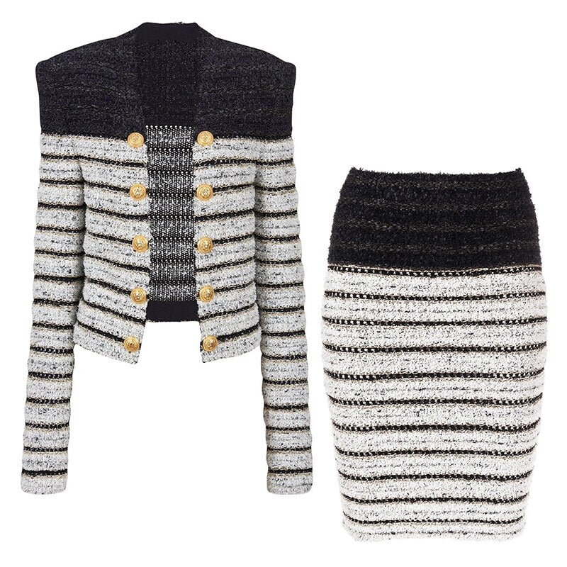 Knit Cardigan Jacket Skirt Set-Black Striped