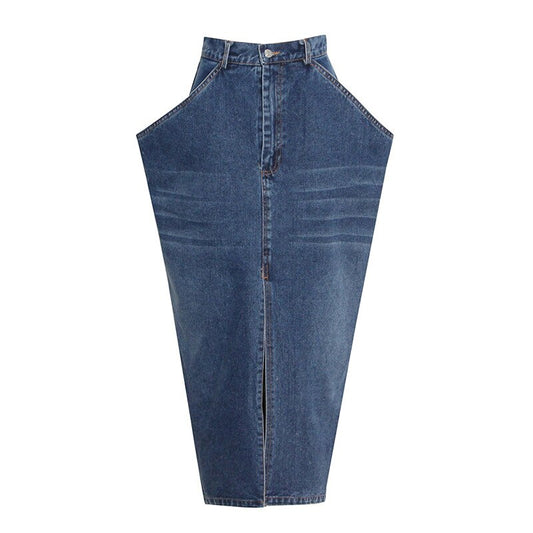 Blue Large Pockets Mid Calf Slit Denim Skirt