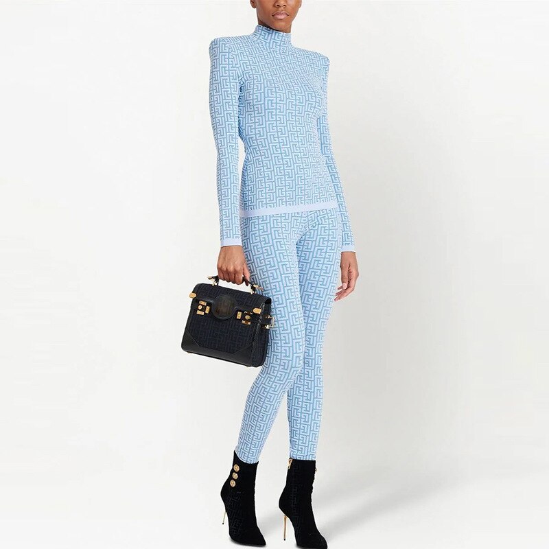 Long Sleeve Jacquard Knitted Turtleneck Pullover Sweater-Sky Blue