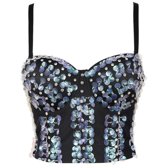 Sequin Corset Crop Top-Black/White
