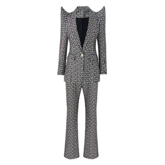 Geometric Blazer Jacket Pants Suit