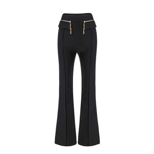High Waist Wide Leg Chain Zipper Pants-Black