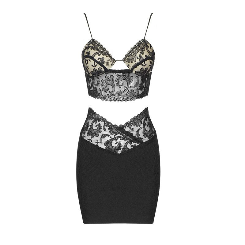 Bandage Lace Camisole Skirt Dress- Black