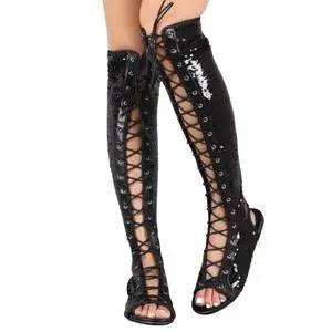 Lace Up Open Toe Flat Roman Gladiator Sequin Sandals-Multiple Options