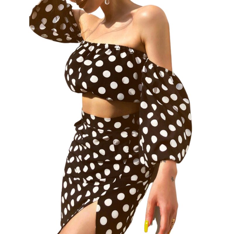 Long Sleeve Polka Dot Crop Top Mini Skirt Set-Black/White