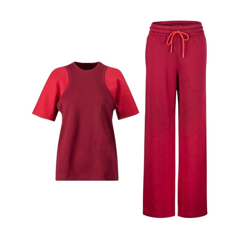 Short Sleeve Round Neck Top High Waist Wide Leg Pants-Red