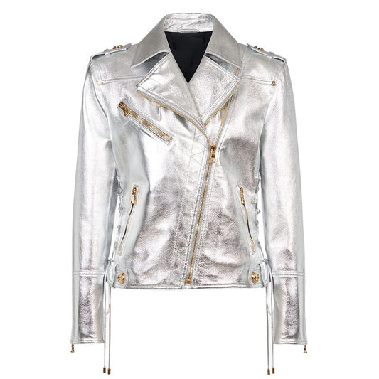 Cropped Faux Leather PU Biker Jacket-Metallic Silver