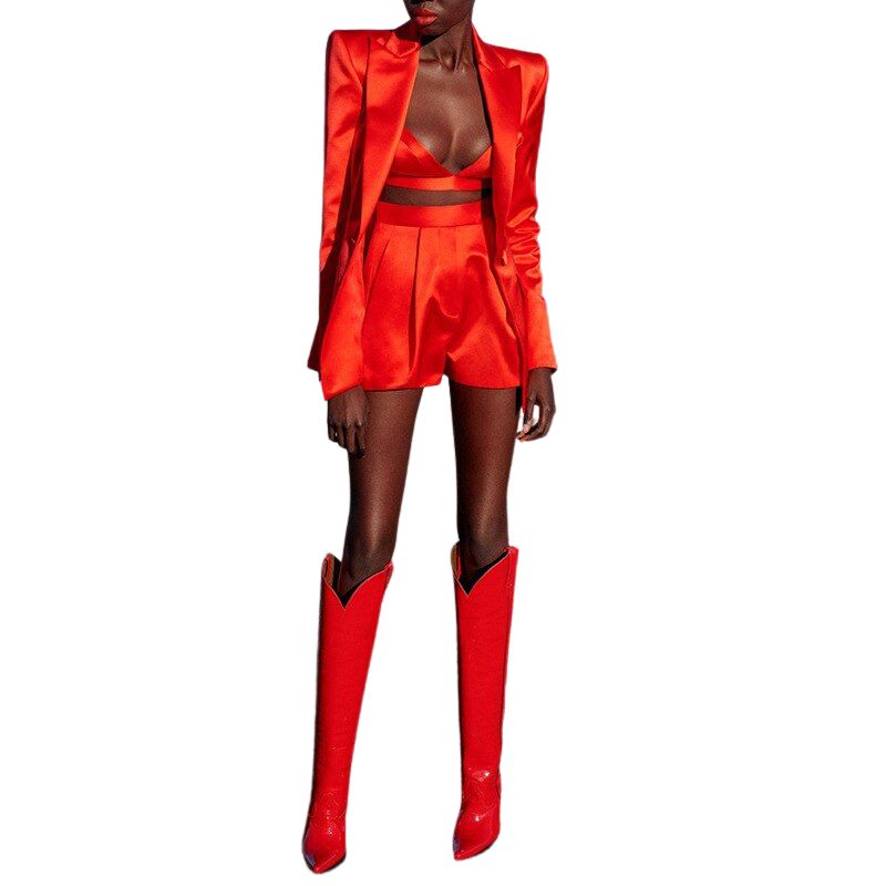 Single Breasted Blazer Jacket Camisole Shorts Outfit Suit-Red