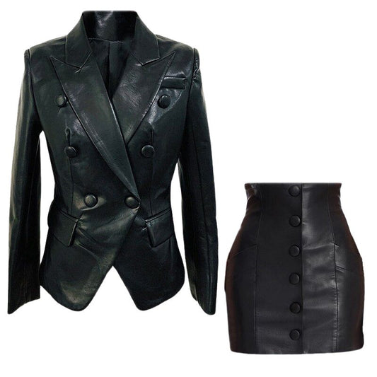 Faux Leather Blazer Jacket Skirt Set-PU Black