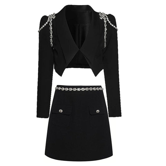 Diamond Chain Rhinestone Cropped Blazer Jacket Skirt Suit-Black