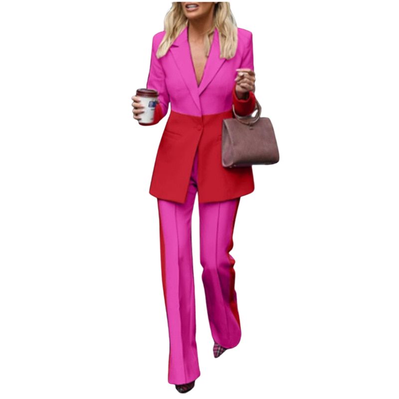 Color Block Blazer Jacket Pants Suit-Pink/Red