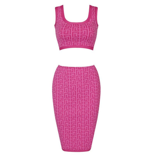 Bandage Tank Top Skirt Dress Geometric Lattice-Rose Red