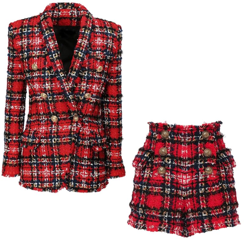 Red Plaid Tweed Tassel Sequin Blazer Jacket Shorts Set